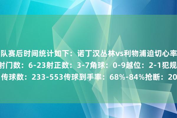 两队赛后时间统计如下：诺丁汉丛林vs利物浦迫切心率图控球率：29%-71%射门数：6-23射正数：3-7角球：0-9越位：2-1犯规：7-10黄牌：2-1传球数：233-553传球到手率：68%-84%抢断：20-10阻止：9-3突围：59-28世界买球体育信息